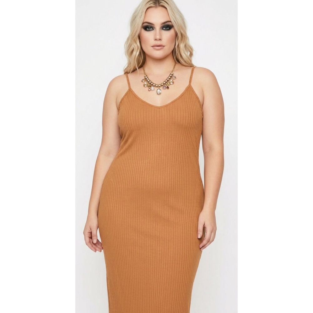 2X PLUS SIZE Brown Camel Cognac Ribbed Sleeveless Long Maxi Casual Y2K Dress
